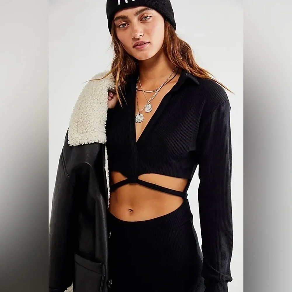 Free People LNA Emily Ribbed Jumpsuit Size Small Black